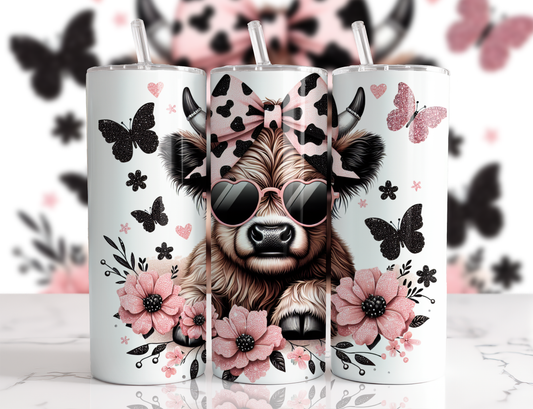 "Highland Cow Bliss: Pink and Black Butterfly Floral 20 oz Tumbler"