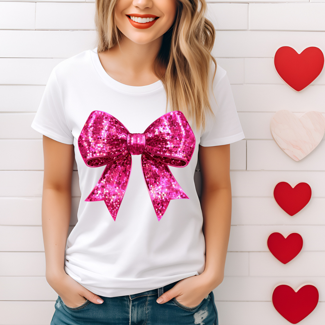 Faux Glitter Valentine's Pink Bow Shirt